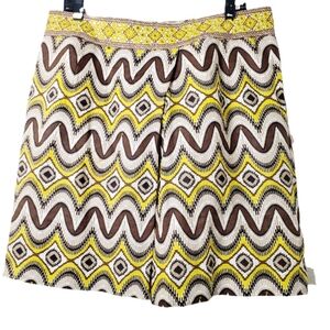 Tory Burch Embroidered Linen Skirt - Knee Length In Yellow, Brown & Tan Size 14
